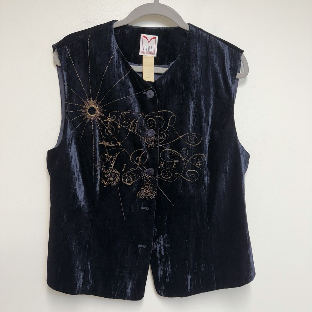 Vtg 90s Mondi Velvet Vest Celestial Sun Gold Embroidered EU 42 Midnight Blue
